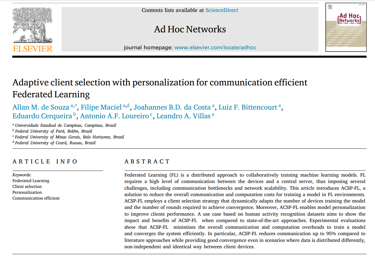 Artigo publicado: Adaptive Client Selection with Personalization for Communication Efficient Federated Learning